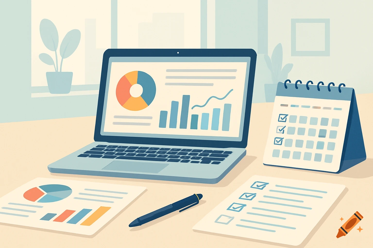 A flat design illustration of a workspace with a laptop displaying charts, a calendar, documents, and a pen.
