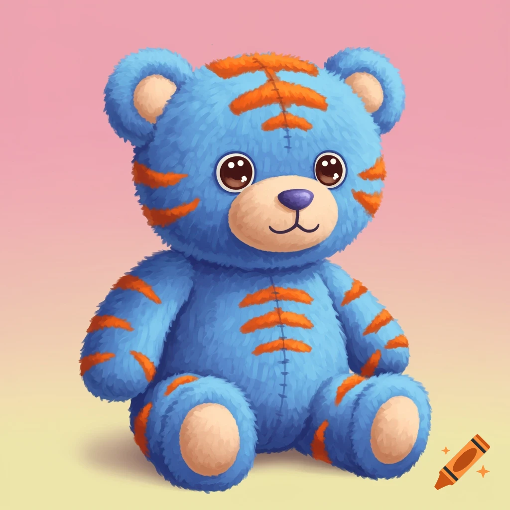 Illustration of a cute blue teddy bear with orange tiger stripes.