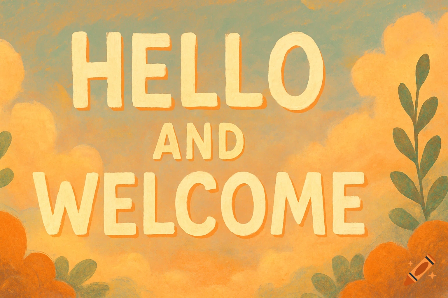 The words 'HELLO AND WELCOME' in yellow text on a stylized background with orange clouds and green plants.