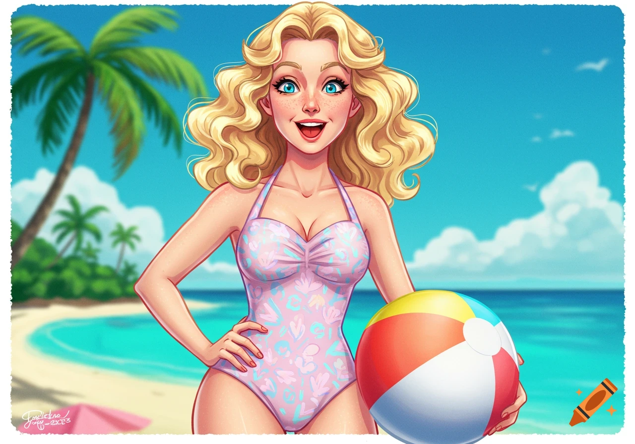 An illustration of a smiling blonde woman in a pink swimsuit holding a beach ball on a beach.