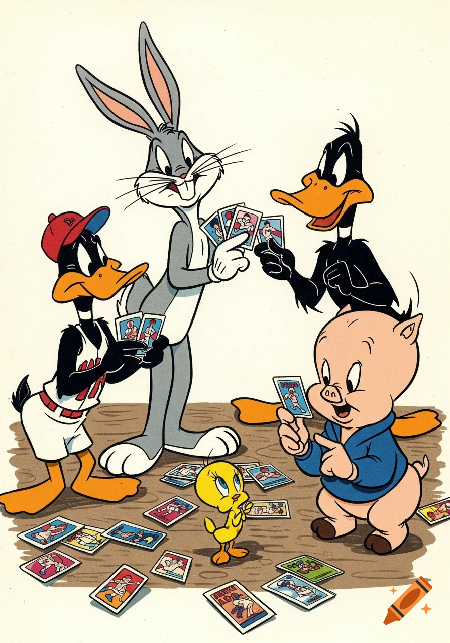 Bugs Bunny, Daffy Duck, Porky Pig, and Tweety Bird playing with sports cards