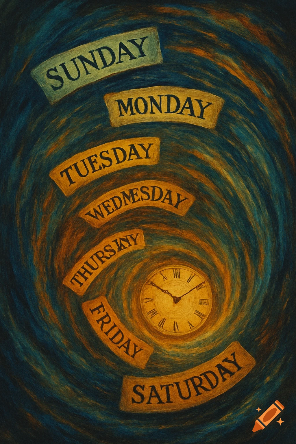 Days of the week spiral around a clock face in a painterly style.