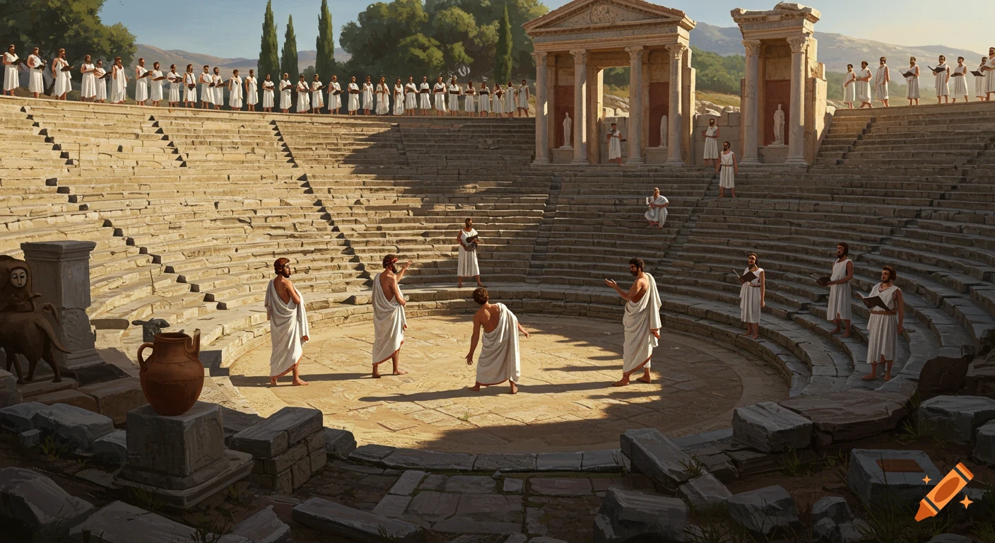 An ancient Greek theater with figures in togas performing on a stage and others seated in the tiered audience.