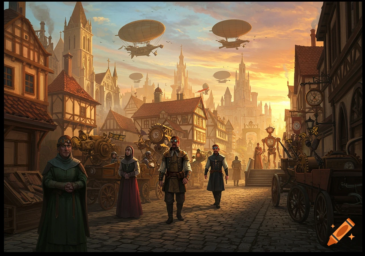Steampunk town with airships flying over buildings at sunset, people and clockwork robots on a cobblestone street.
