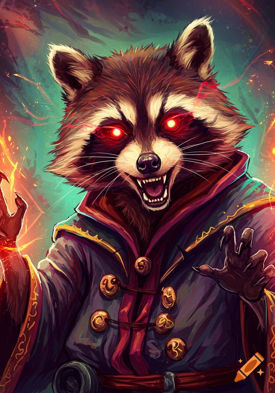 Close-up of a fierce-looking raccoon wizard with glowing red eyes and clawed hands, wearing a dark cloak.