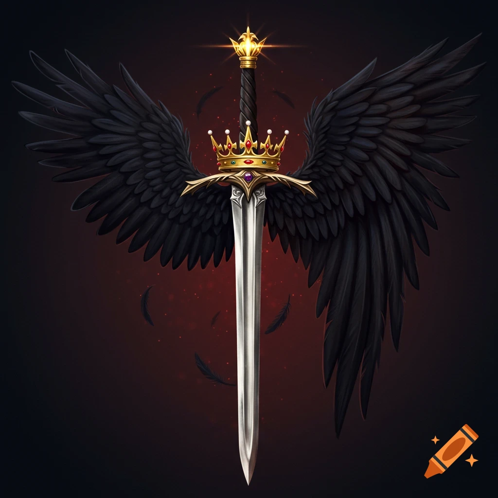 A sword with black feathered wings and a golden crown on the pommel, against a dark background.
