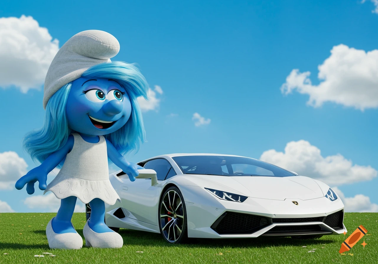 A 3D rendered Smurfette stands next to a white Lamborghini on a grassy hill.