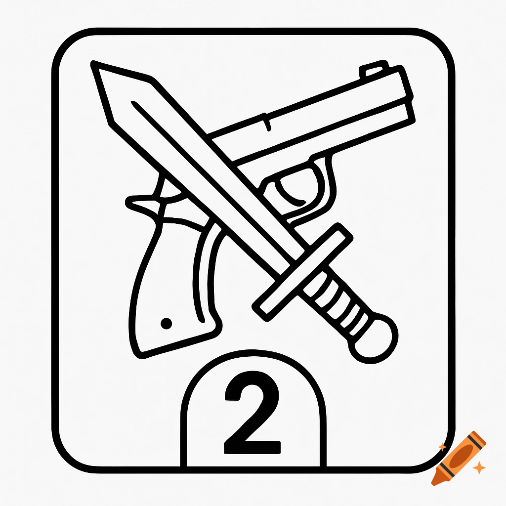 Black and white line art icon for a trading card game featuring a crossed sword and gun above the number 2.