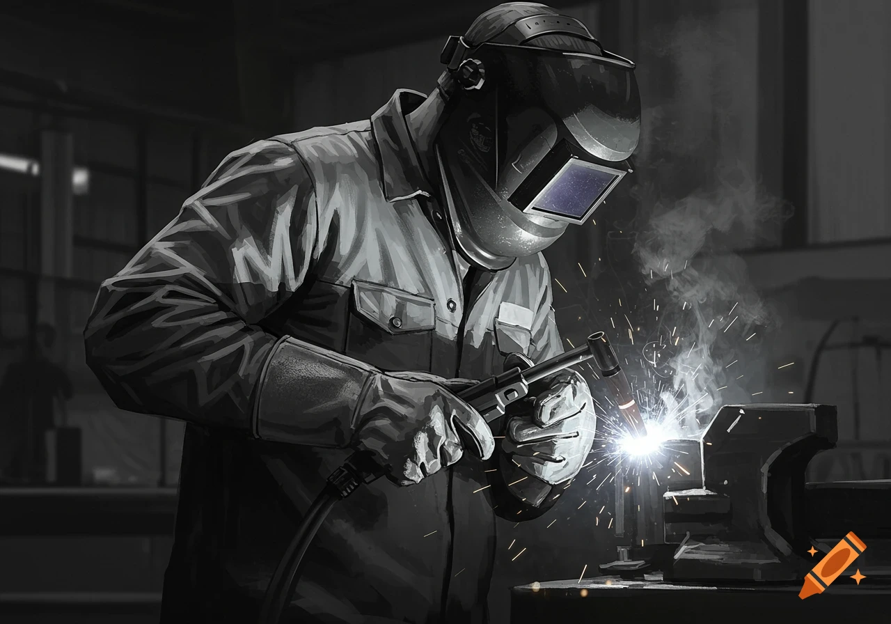 A welder wearing a mask and gloves works at a bench, sparks flying from the torch in a grayscale illustration.
