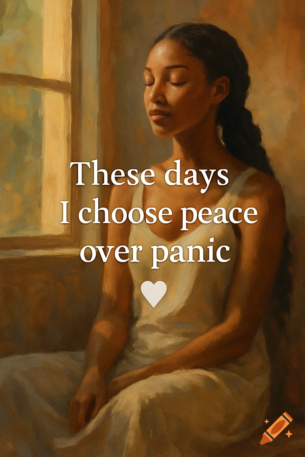 A woman with closed eyes sits near a window, text overlaid 'These days I choose peace over panic' with a heart.
