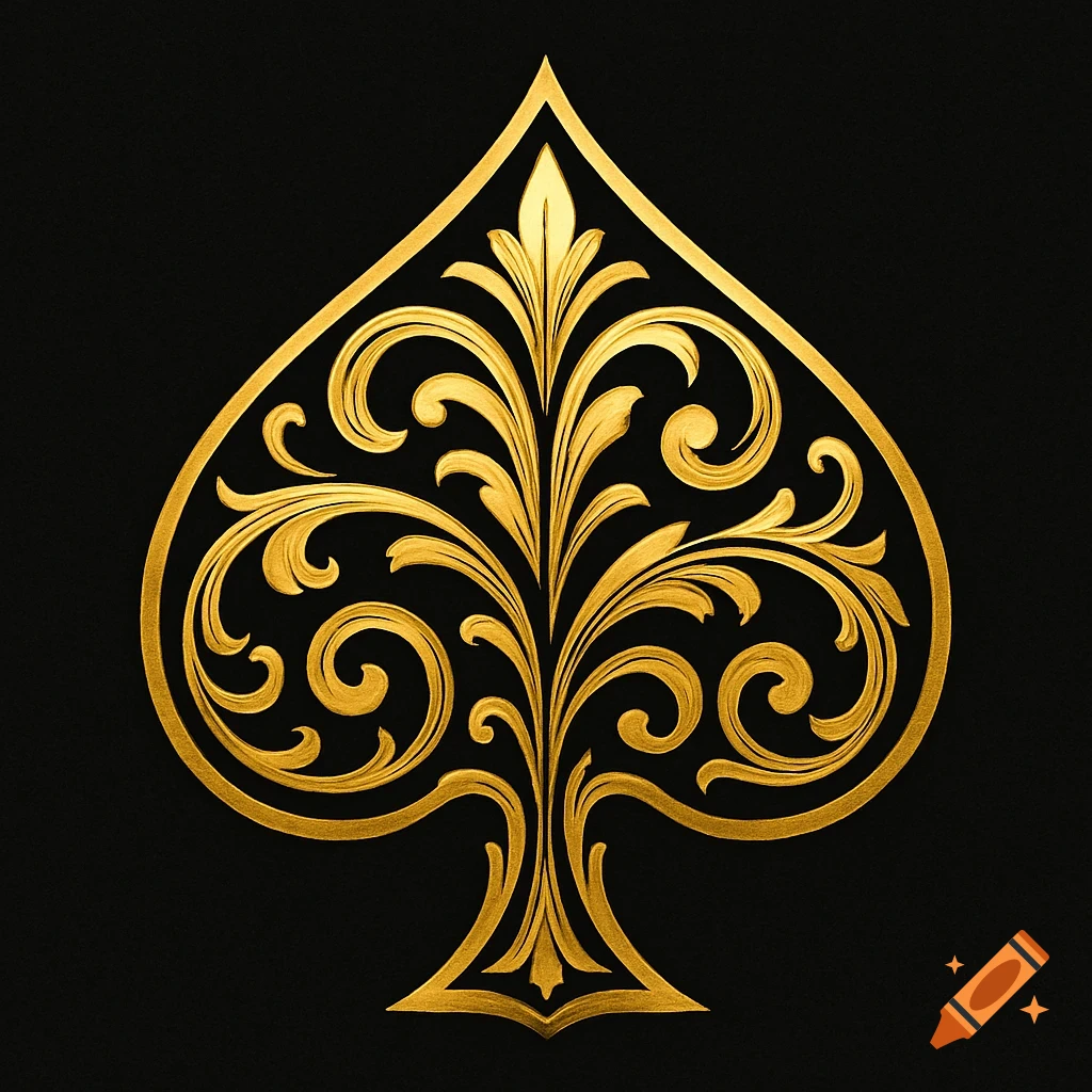 A detailed golden spade symbol with ornate swirling patterns on a black background.