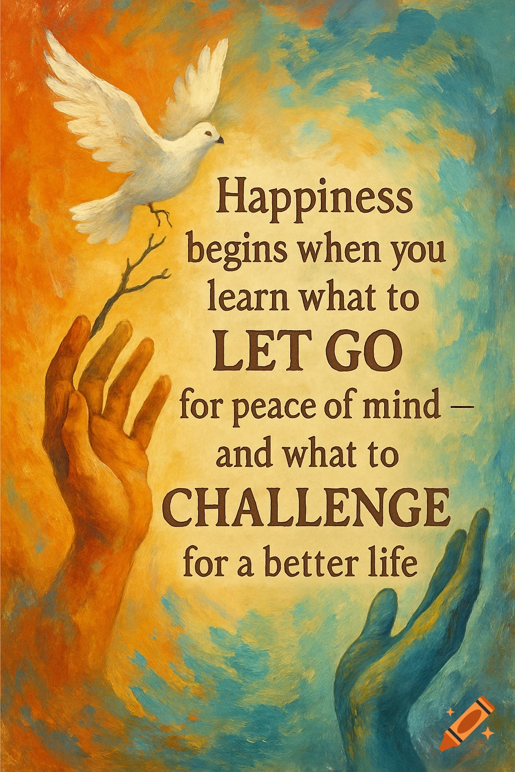 Painting of hands reaching, a dove flying, and text 'Happiness begins when you learn what to let go...'.