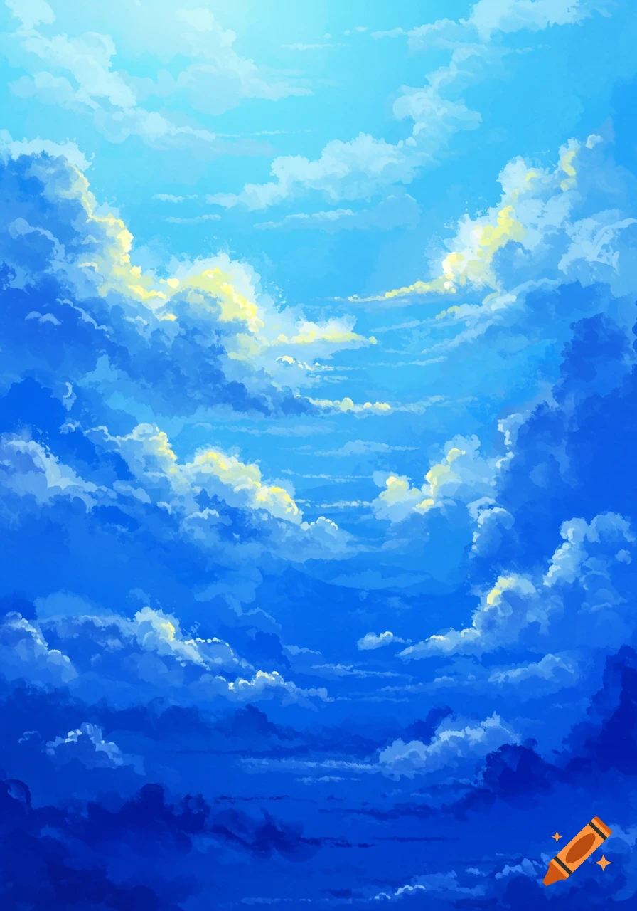 Stylized bright blue sky filled with white and yellow-tinged clouds.