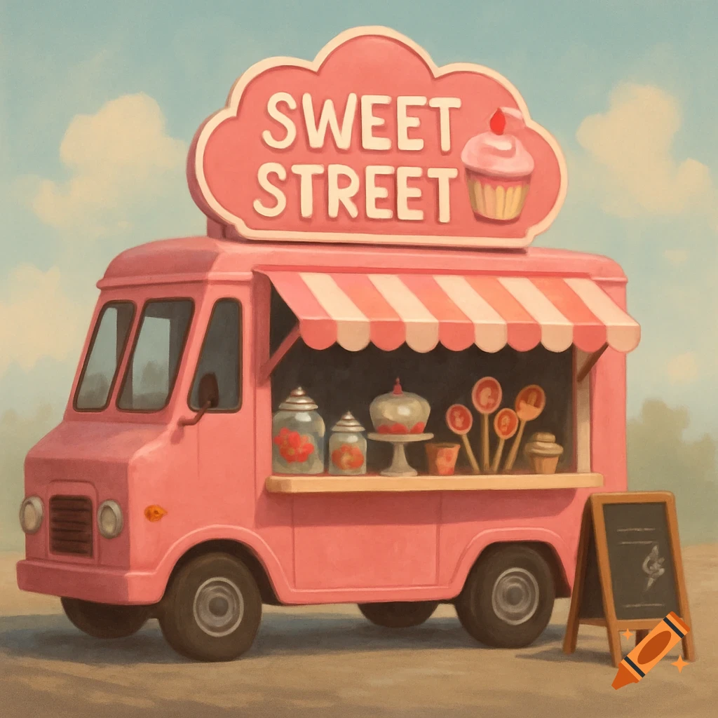 A pink food truck with a sign that says 'Sweet Street', illustration style.