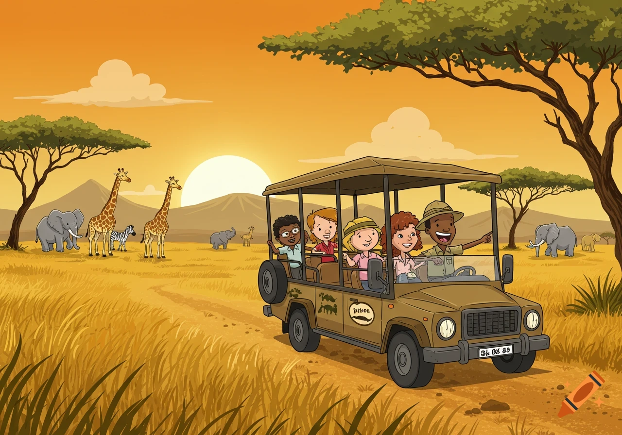 Cartoon safari scene with people in a jeep, giraffes, elephants, and a zebra under a sunset.