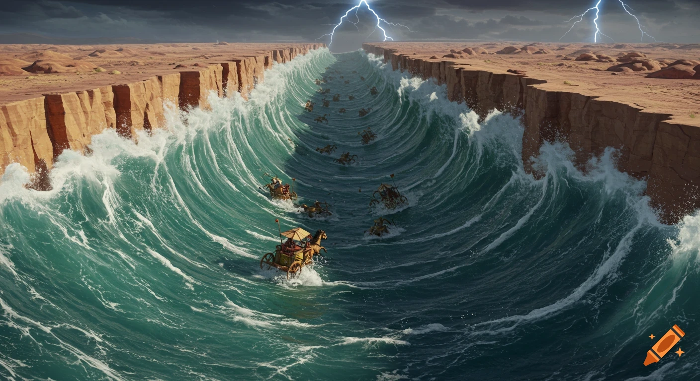 Red Sea waves collapse on ancient chariots in a canyon under lightning, dramatic scene.