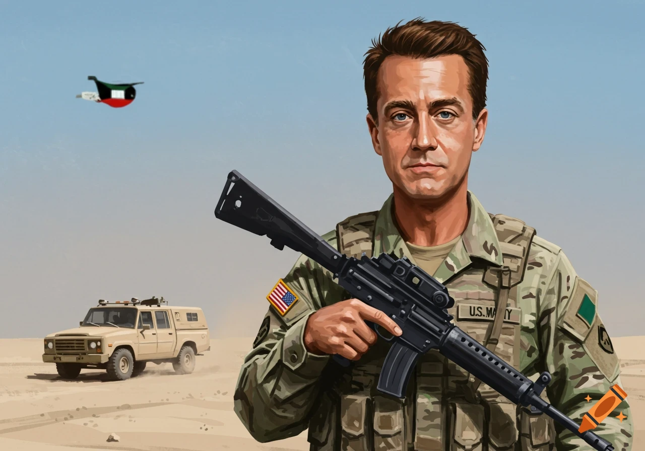 A soldier in uniform holds a rifle in a desert landscape with a vehicle and a flying object.