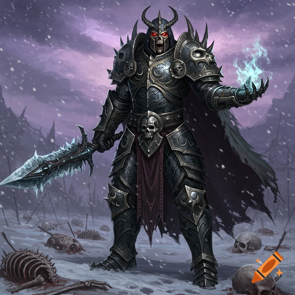 A skeletal knight in black armor with red eyes stands in a snowy field of bones, holding a glowing sword and magic.
