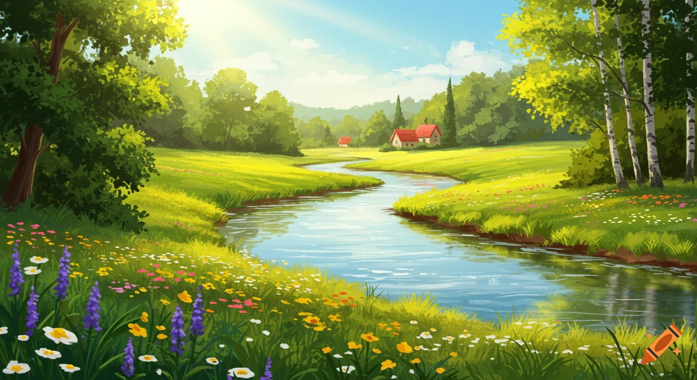 Illustrative summer landscape painting with a river flowing through meadows, trees, houses, and colorful flowers under a sunny sky.