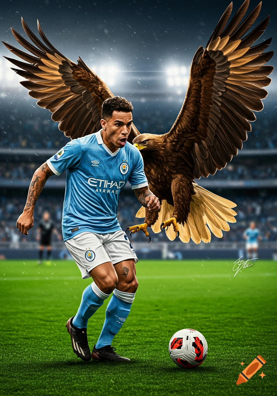 A soccer player runs on a field with an eagle flying behind him, stadium in the background. Digital art.