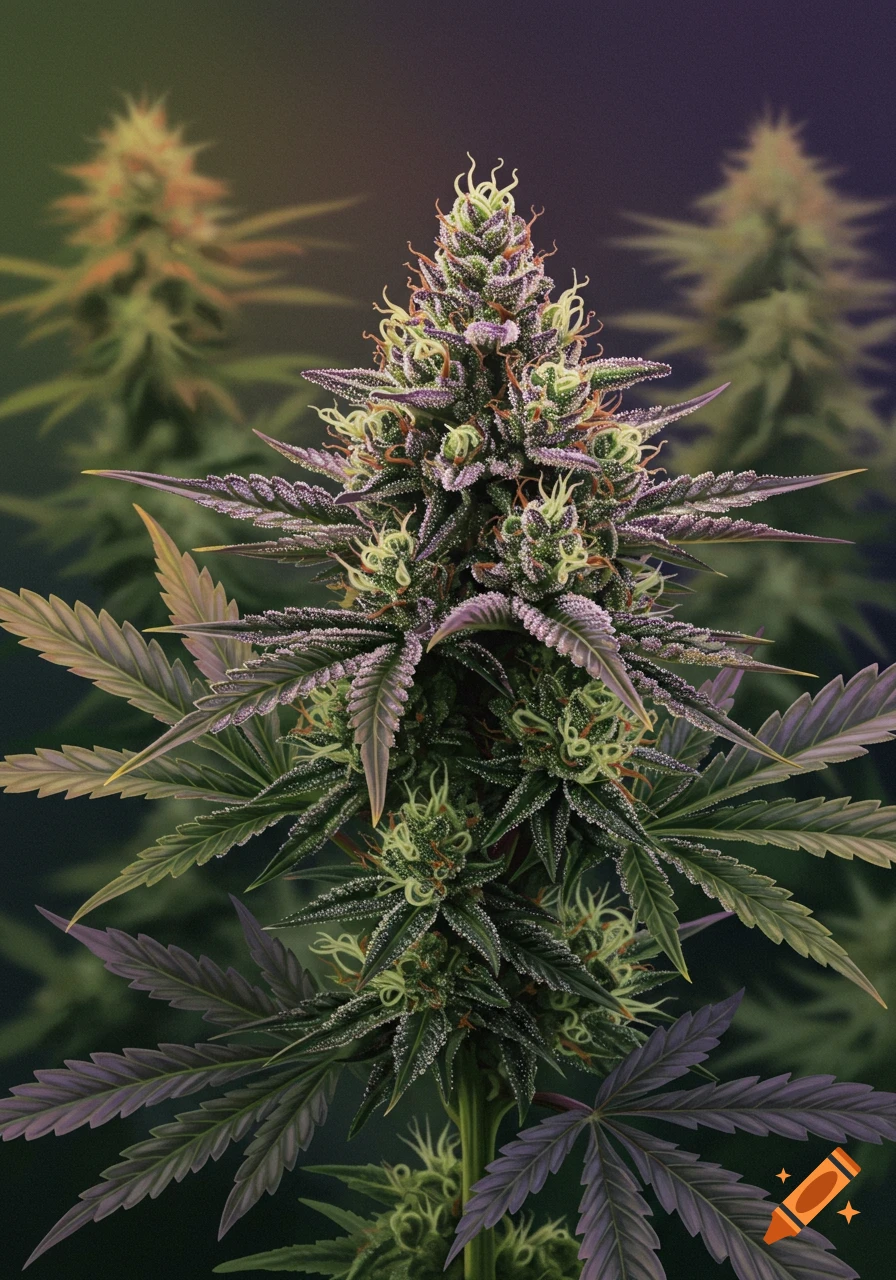 Close-up of a purple and green cannabis flower bud and leaves