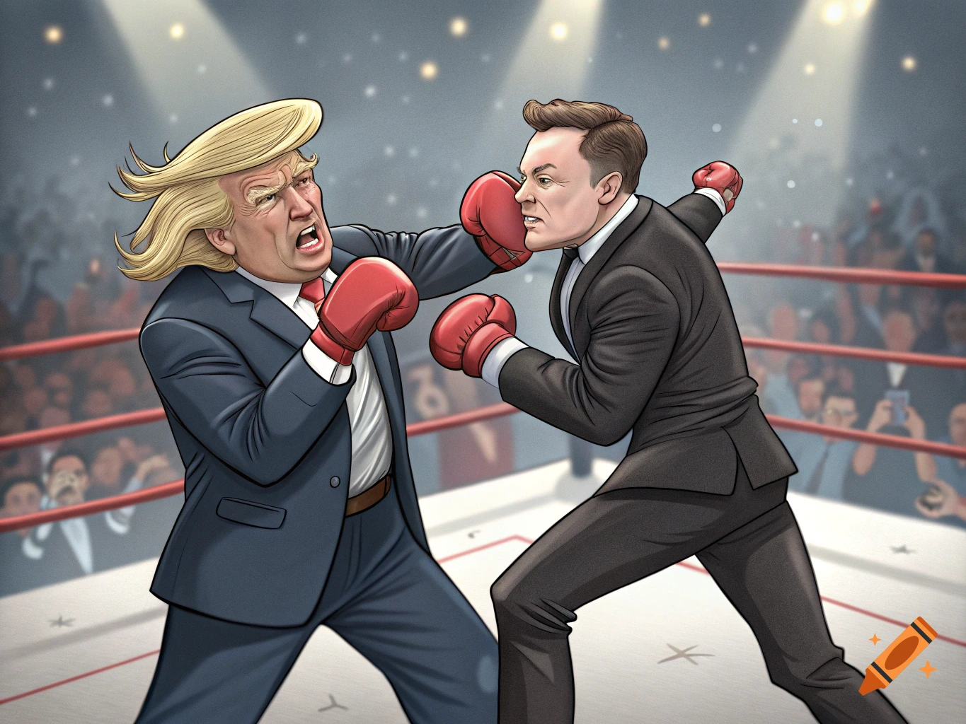 Cartoon style image of Donald Trump and Elon Musk boxing in a ring.