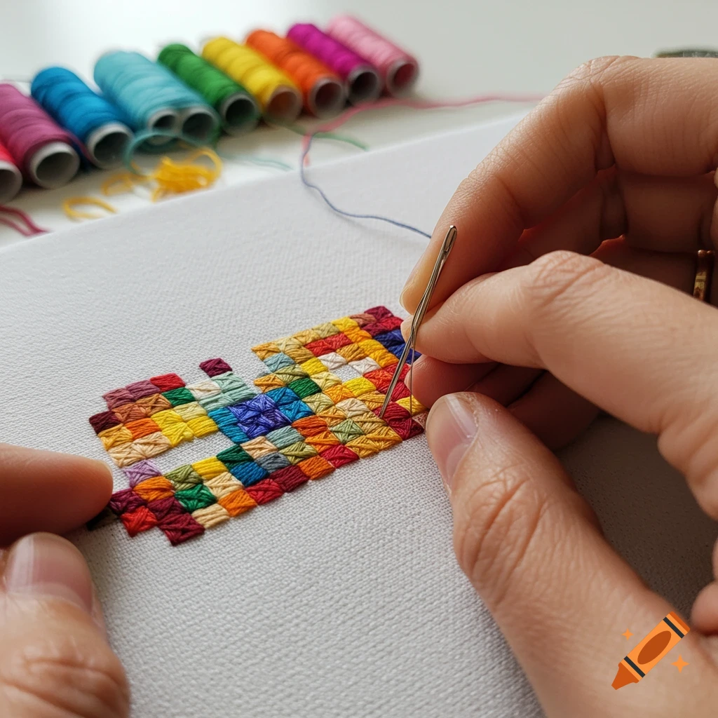 Hands embroidering a colorful pixel art pattern with needle and thread