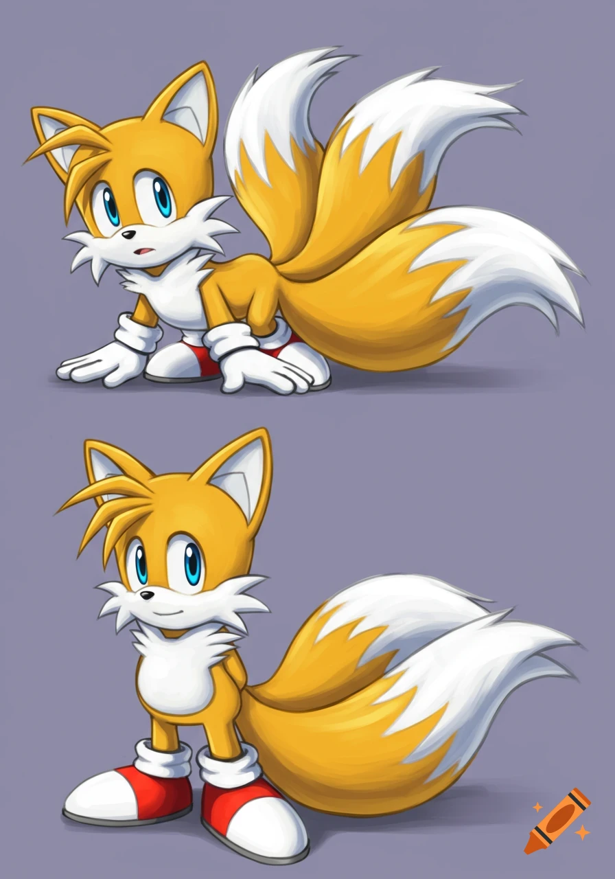 Two drawings of Tails from Sonic the Hedgehog, one sitting and one standing.