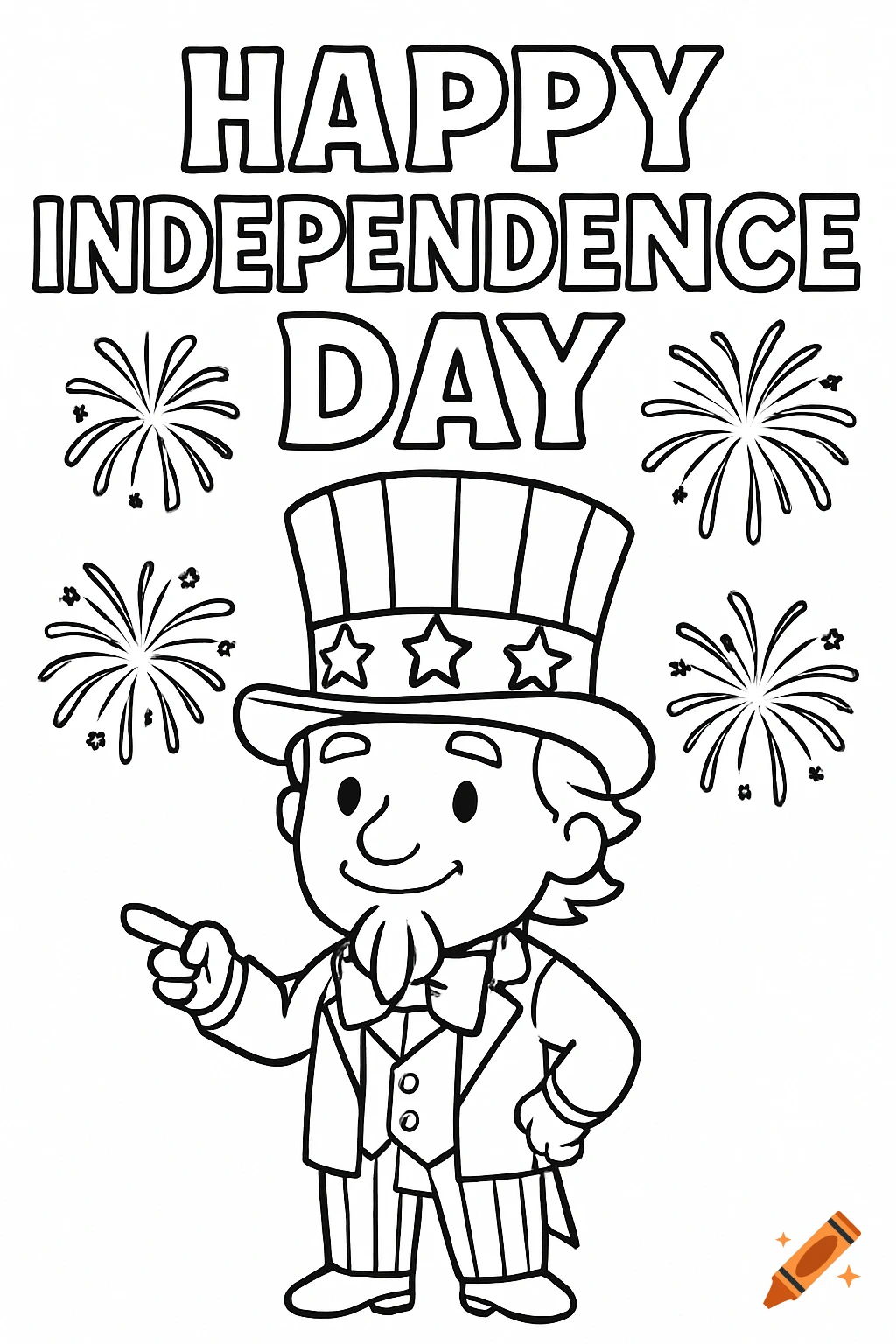 A cartoon coloring page of Uncle Sam, fireworks, and the text 'Happy Independence Day'.