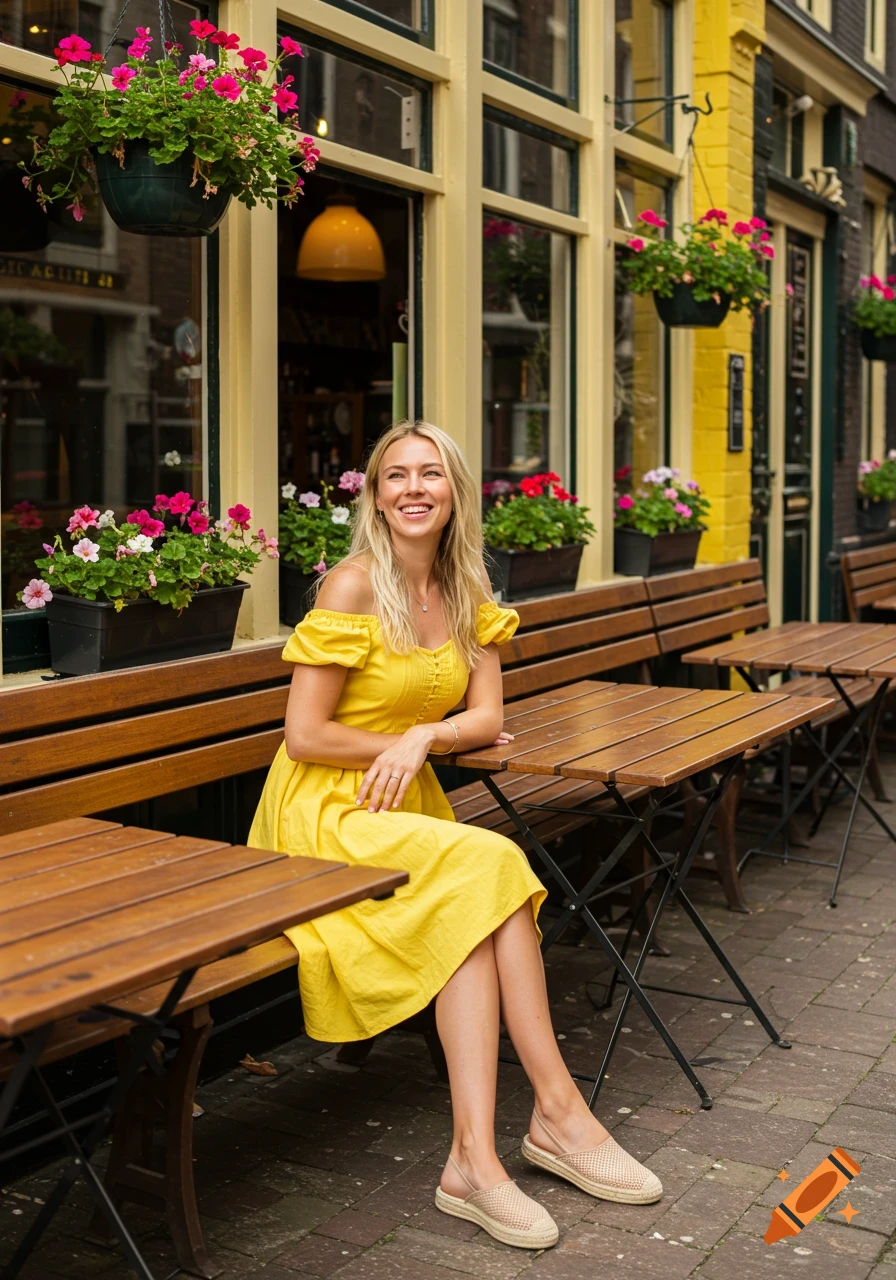 Woman in yellow dress sits at outdoor cafe table.
