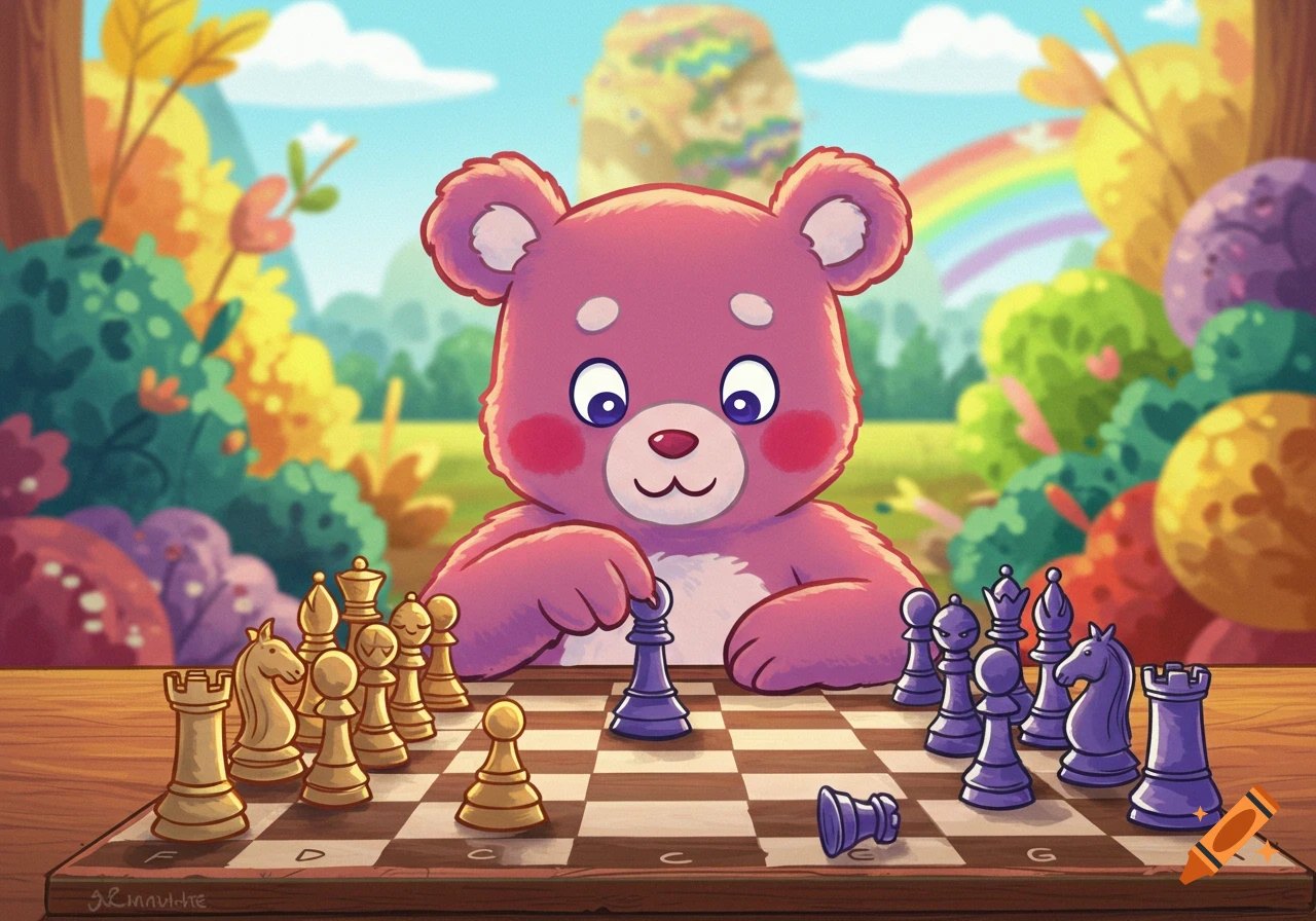Pink cartoon bear plays chess in a colorful fantasy landscape