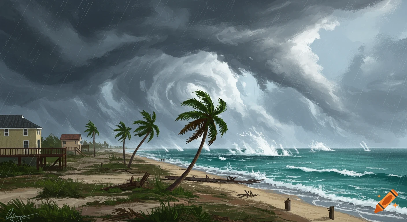 Painterly illustration of a coastal scene during a hurricane with dark clouds, rain, palm trees, and waves.