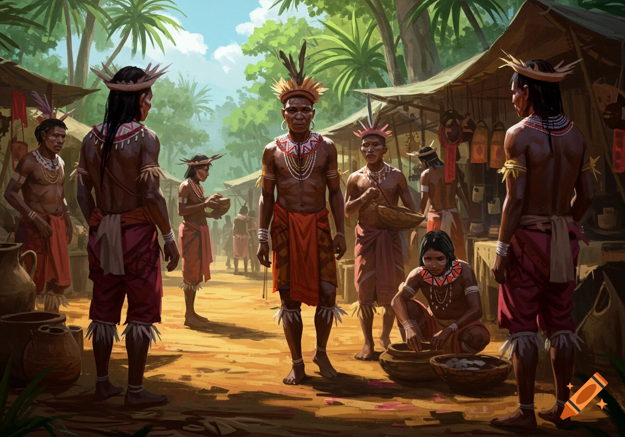 Illustration of people in traditional clothing gathering at an outdoor market in a tropical setting.