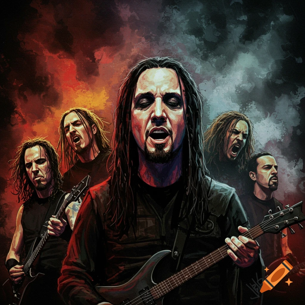 Heavy metal band playing guitars in an illustration with a dramatic background.