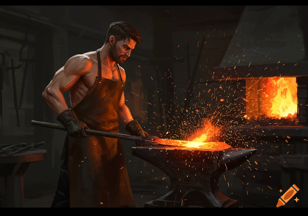 A blacksmith forges a glowing metal blade on an anvil in a dark workshop, sparks flying. Digital painting.