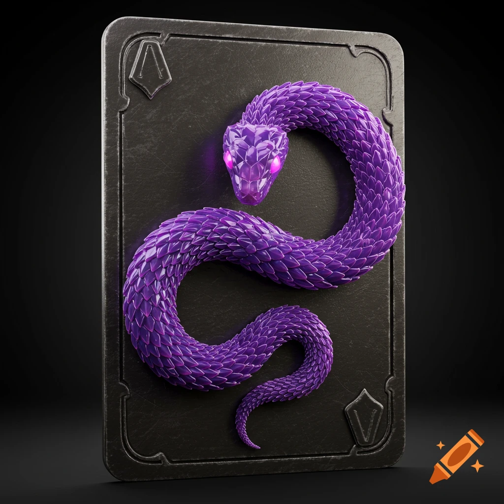 A photorealistic 3D render of a thick metal playing card with a purple crystal snake coiling around its edges.