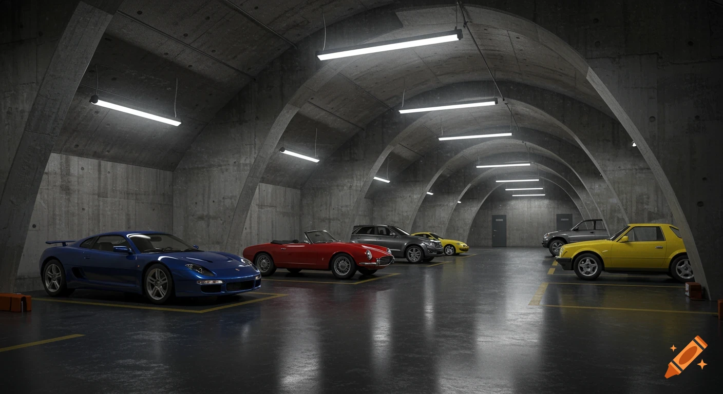 Several cars parked in an underground concrete garage with arched ceilings.
