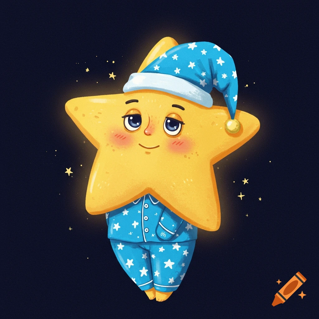 Cartoon star character wearing blue pajamas with stars, looking sleepy on a dark background.