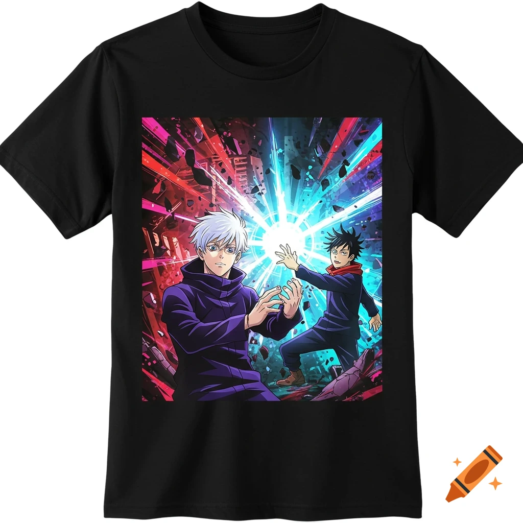 Two anime characters, one casting a blue light, the other in a fighting pose, amidst red and blue energy and debris in an anime style.