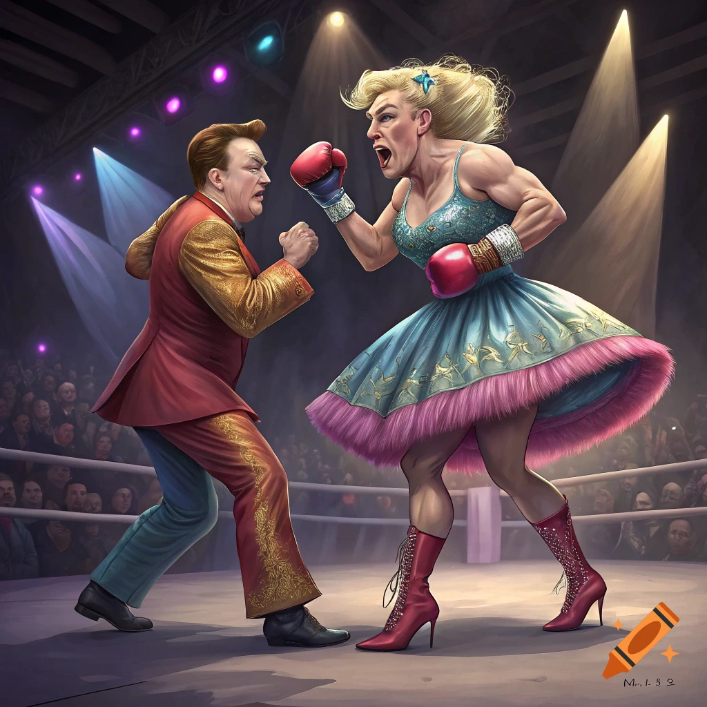 Two figures resembling Trump and Musk, one in a suit and one in a dress, boxing in a ring in front of a crowd.