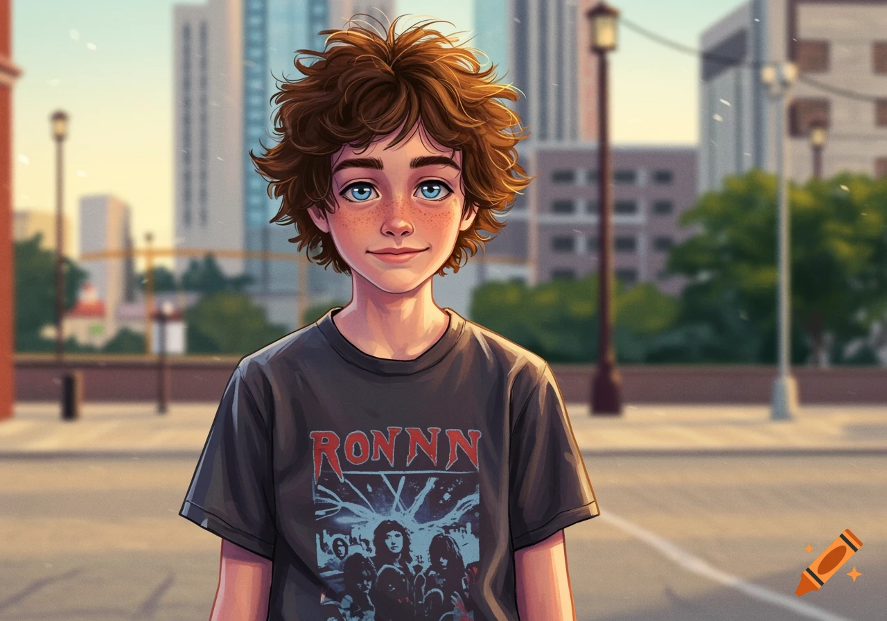 Illustration of a boy with freckles and curly brown hair wearing a black t-shirt in an urban setting.