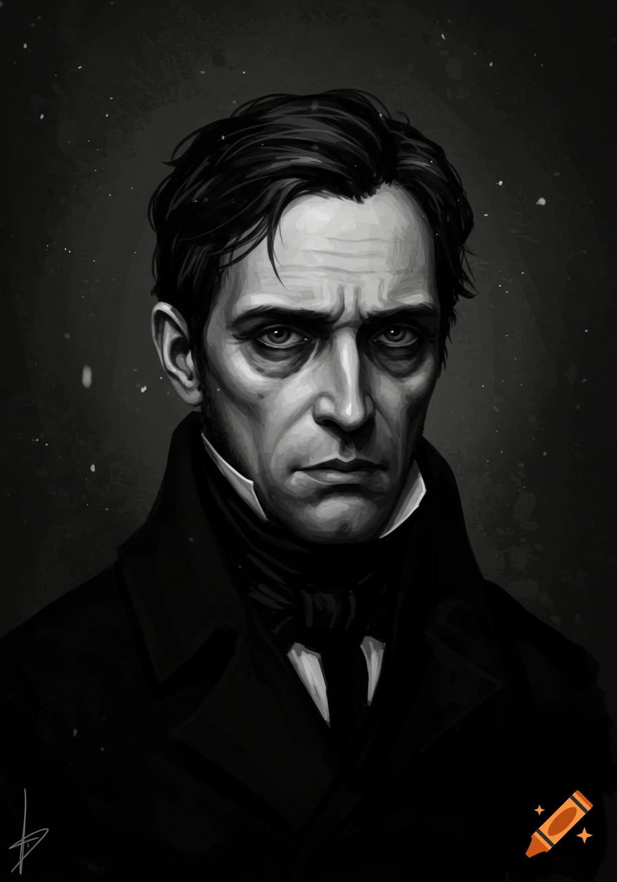 Black and white painted portrait of a gloomy man in 1800s attire. on ...