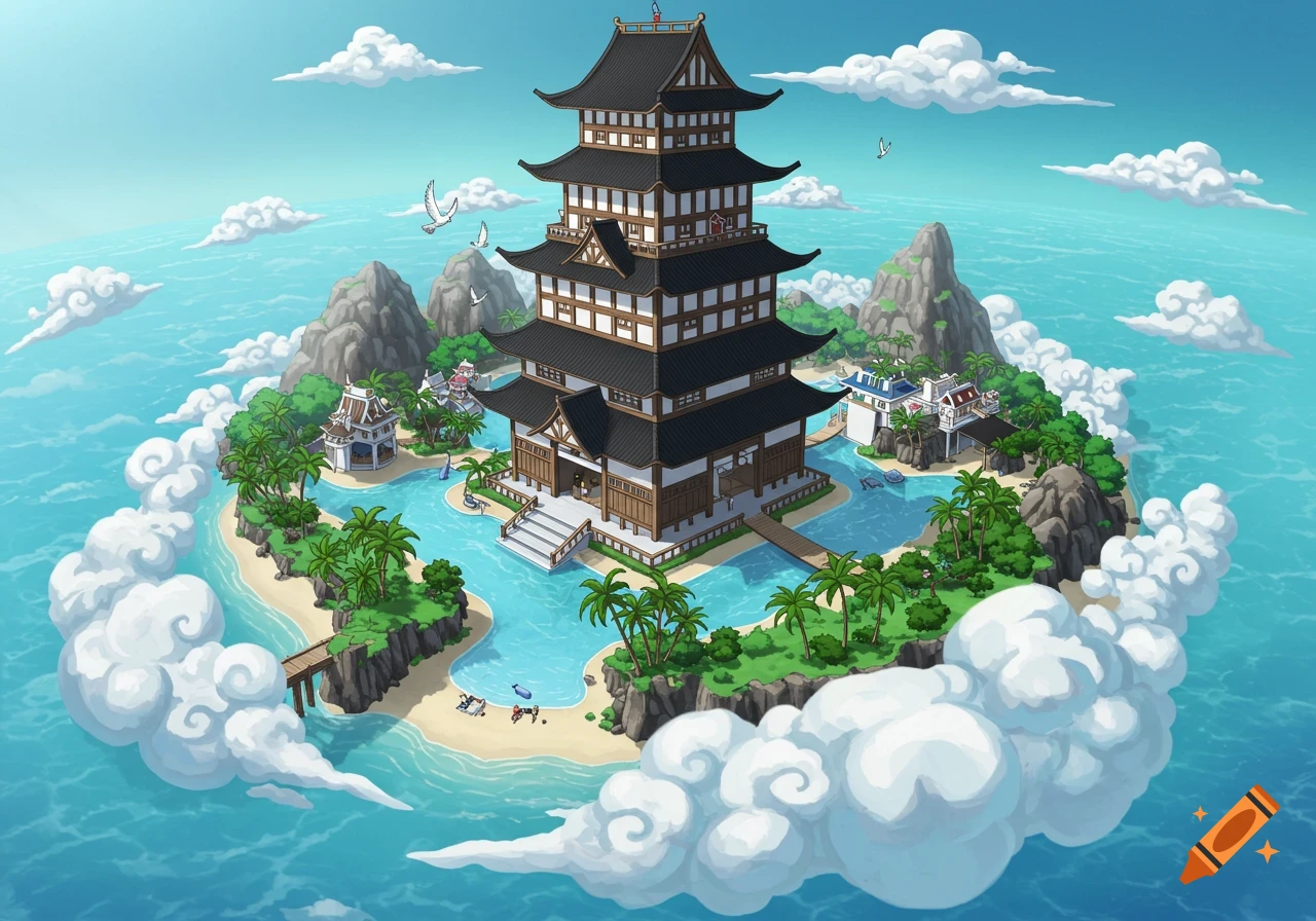 An anime-style tropical island featuring a multi-story Japanese tower, surrounded by ocean, clouds, and palm trees.
