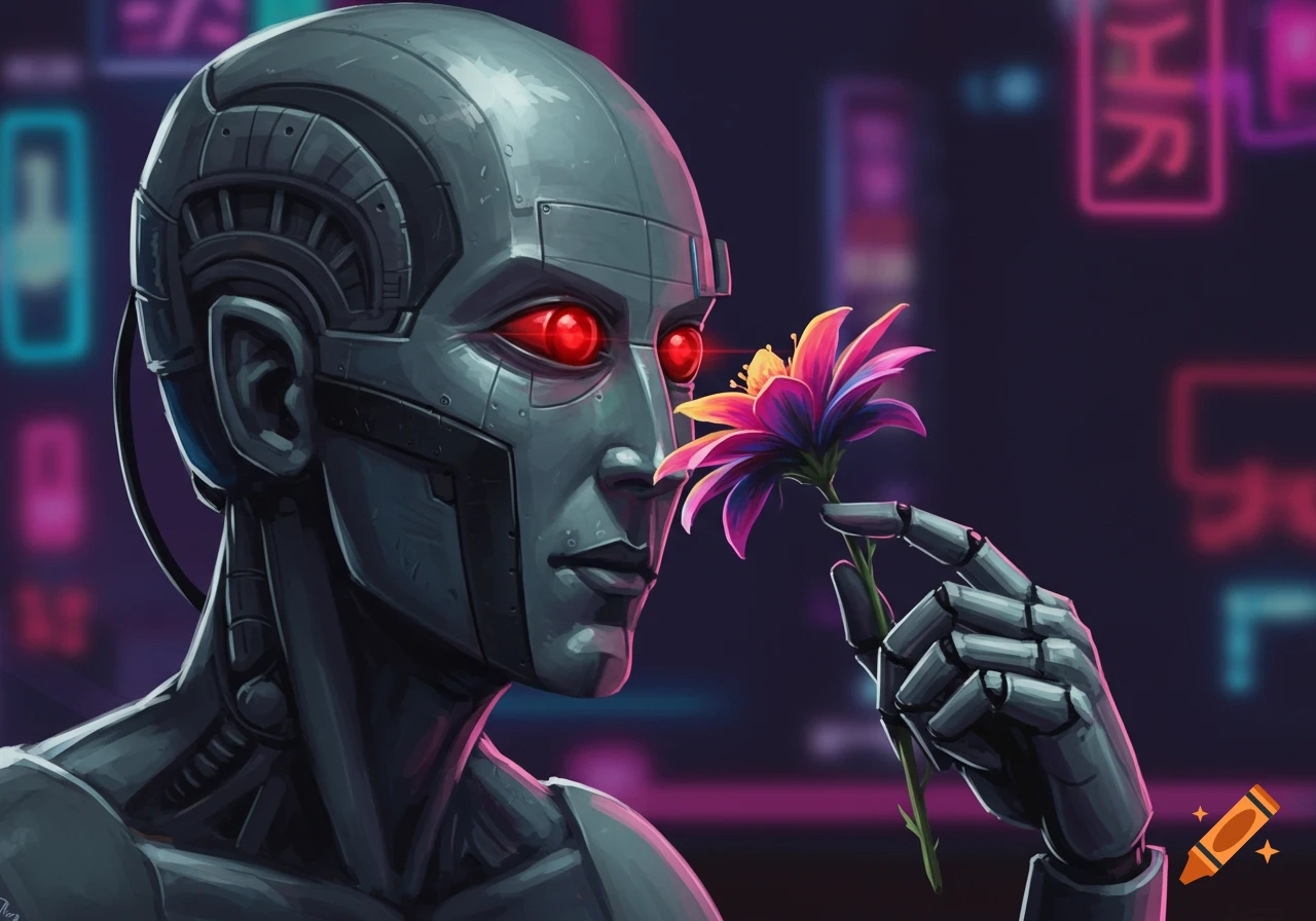 A robot with glowing red eyes holds and smells a flower in a neon cyberpunk city.