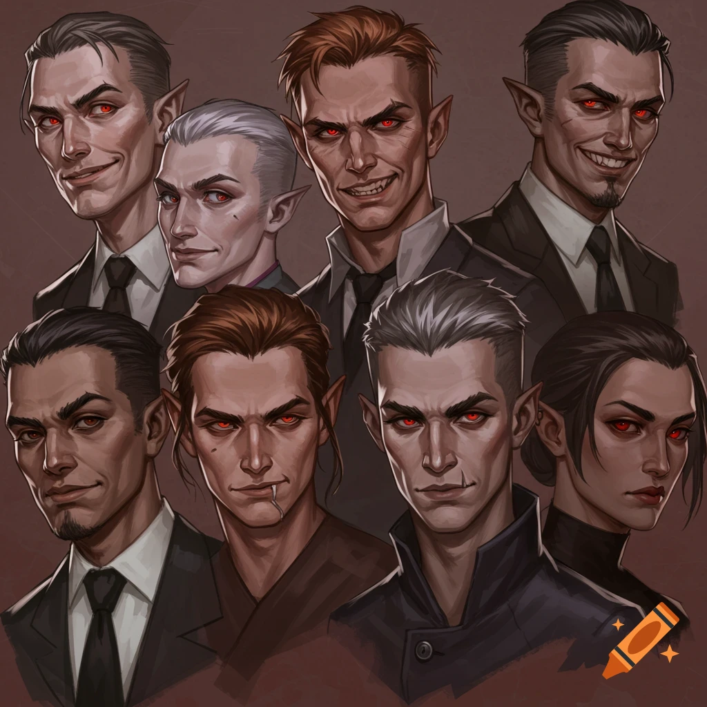 Multiple portraits of fantasy characters with red eyes and pointy ears in suits, digital art.