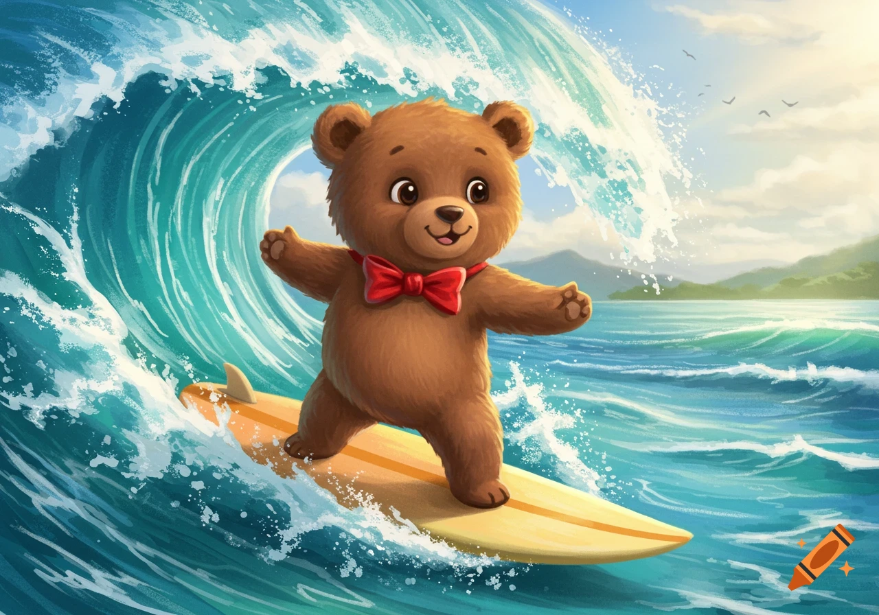 Cute cartoon bear with a red bow tie surfing on a large ocean wave.