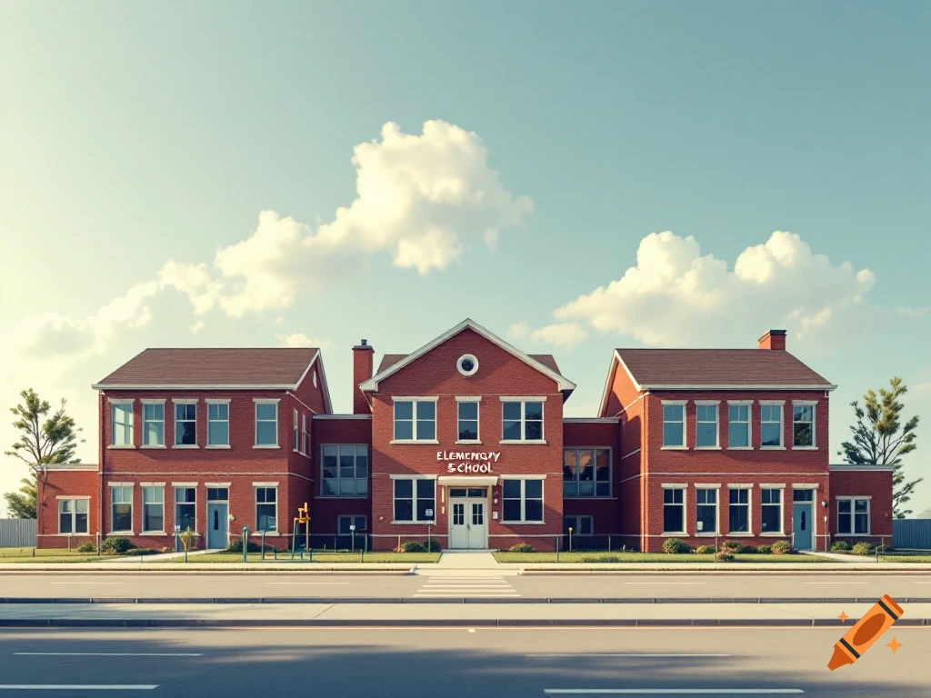 A photorealistic image of a red brick elementary school building with a playground.