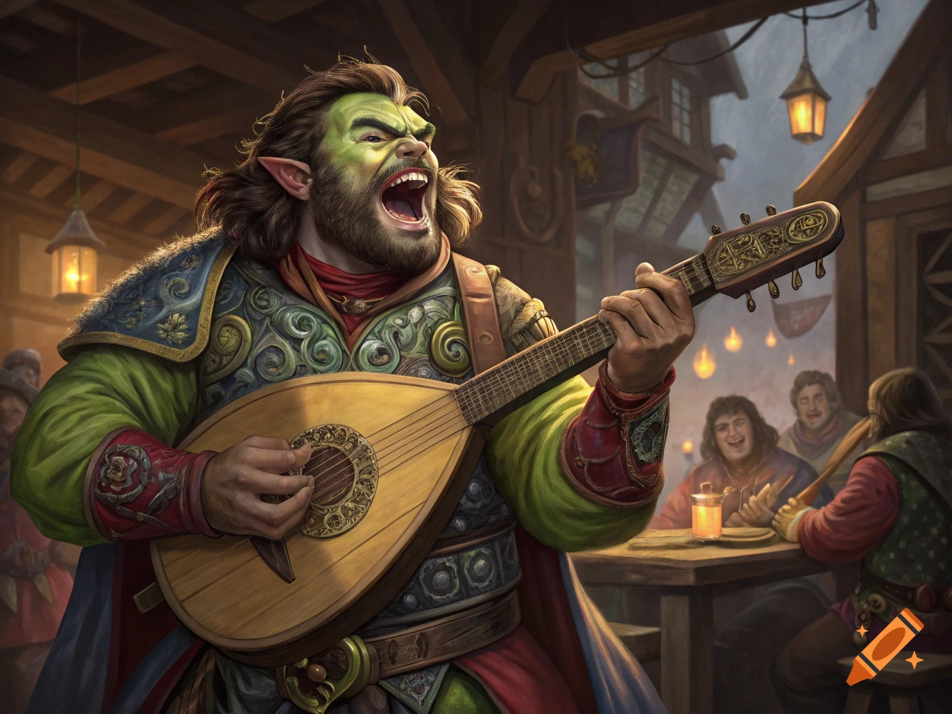 A half-orc bard sings and plays a lute in a lively tavern.