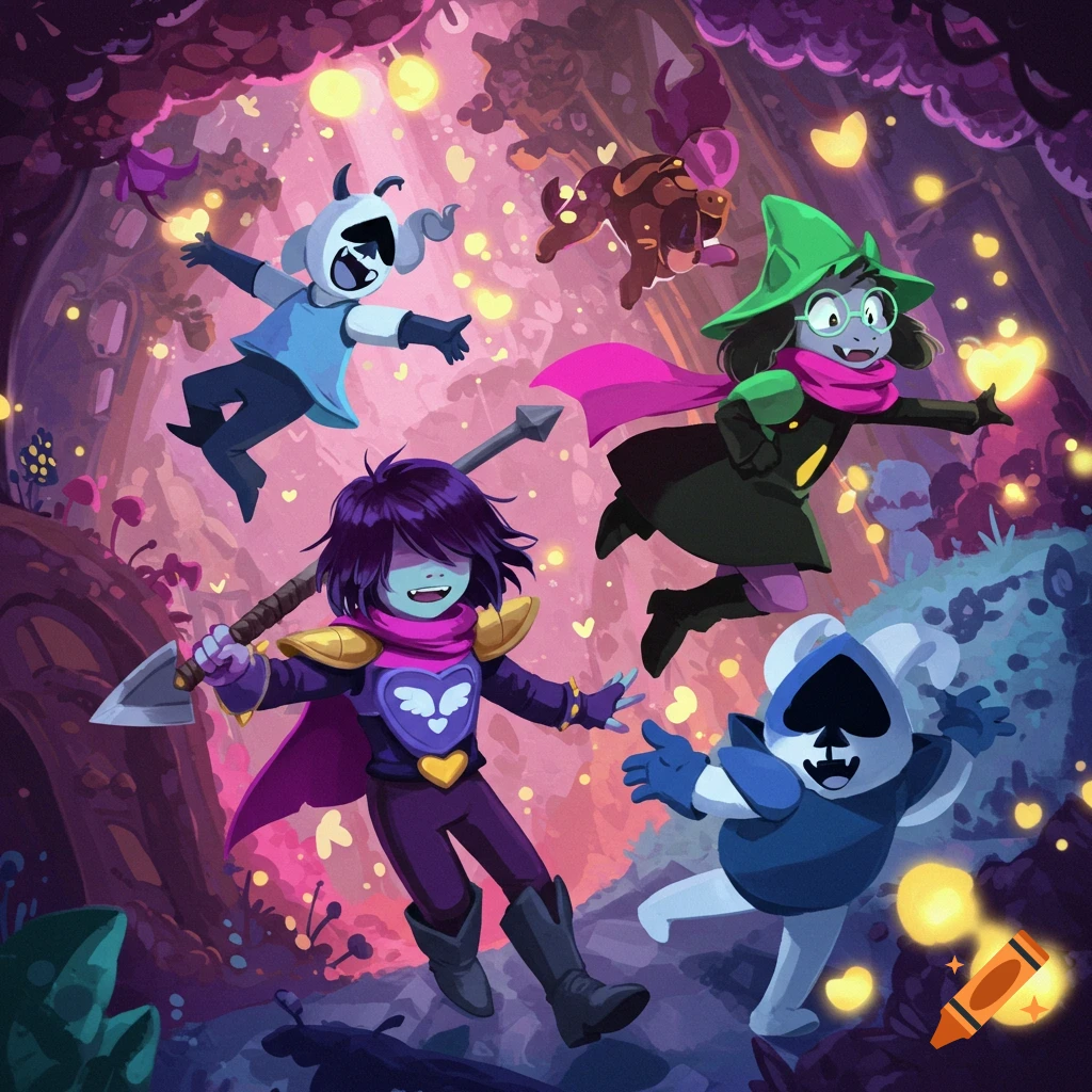 Characters from Deltarune flying through a vibrant forest setting