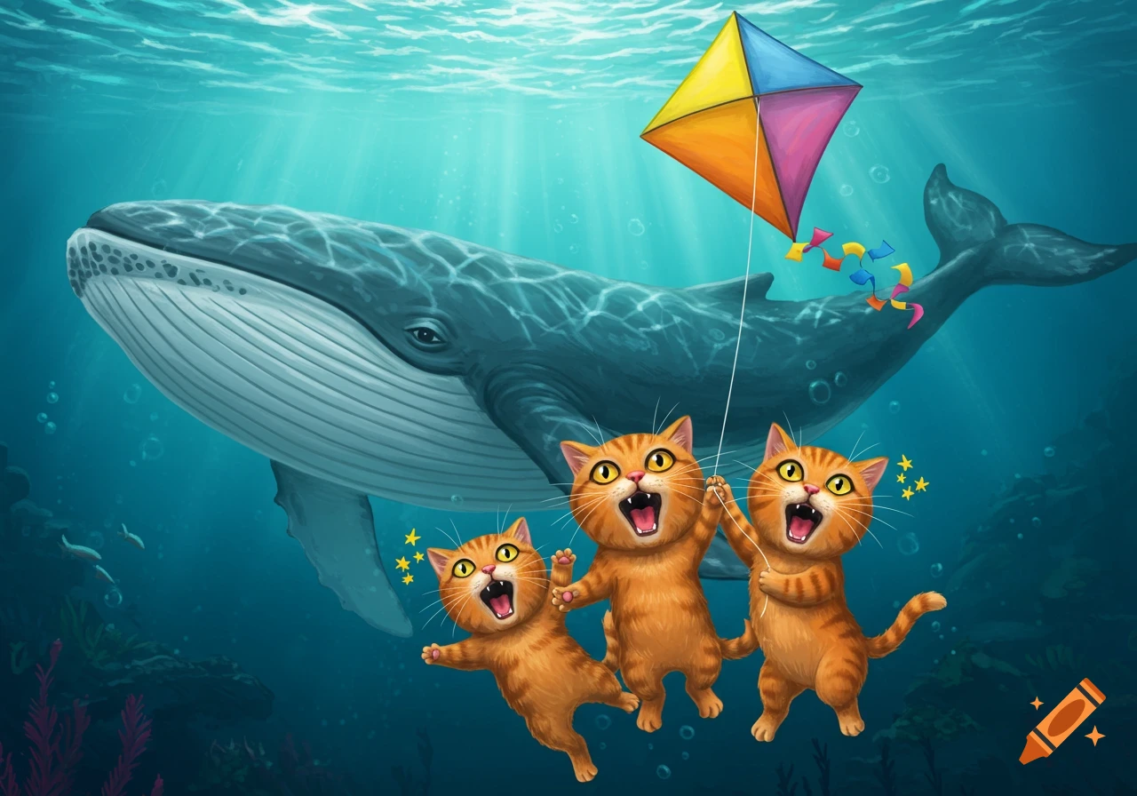 Three cartoon cats holding a kite screaming next to a whale underwater.